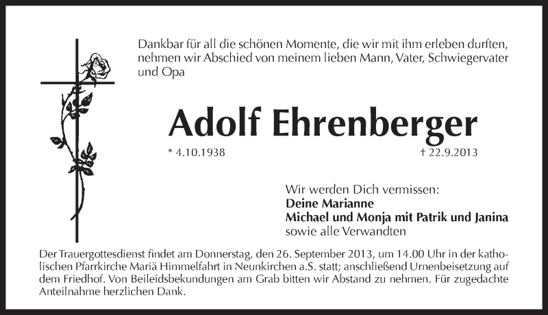  Traueranzeige für Adolf Ehrenberger vom 24.09.2013 aus Pegnitz-Zeitung